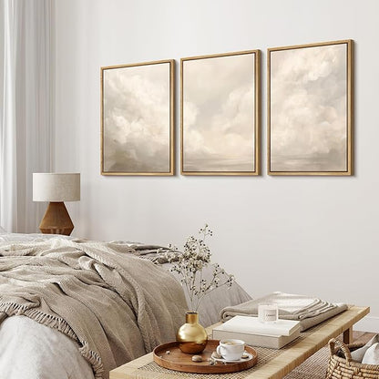MUDECOR Framed Wall Art Print Set Neutral Cloudscape Soft Beige Abstract Sky Illustrations Modern Art Boho Decorative Colorful Chic for Living Room, Bedroom, Office - 16"x24"x3 Natural