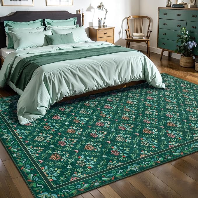 Tangsoo 5x7 Washable Area Rug, Non Slip Green Floral Indoor Rug, Soft Low Pile Floor Carpet for Living Room, Bedroom, Dining Room, Pet & Child Friendly Room Decor, Easy to Clean