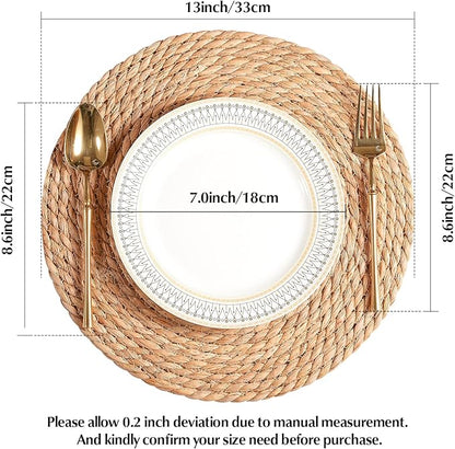 Round Woven Placemats - Boho Rattan Natural Water Hyacinth, Farmhouse Weave Place Mats, Rustic Braided Wicker Table Mats for Dining Table, Home, Wedding (13 Inch Set of 8)