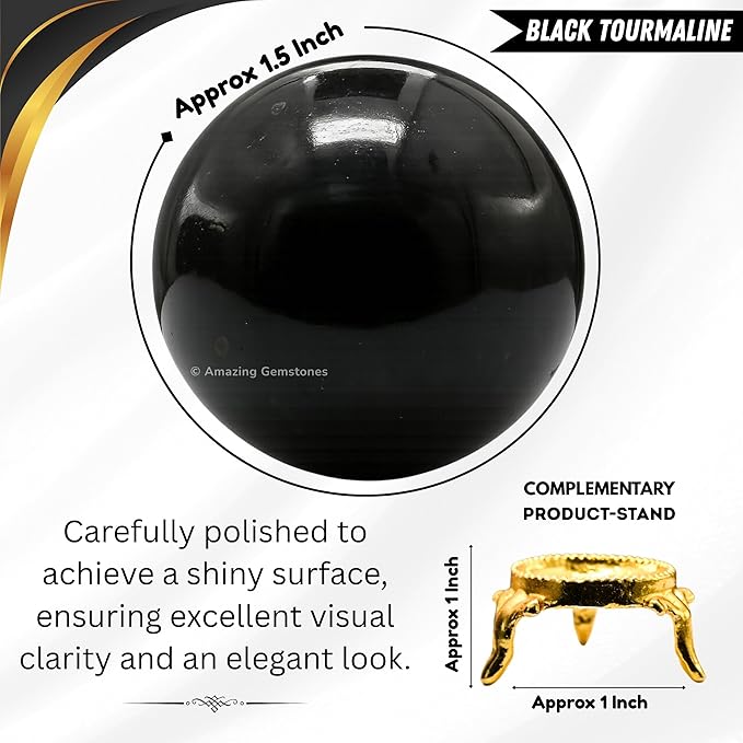 Amazing Gemstone Black Tourmaline Crystal Ball with Stand - 1.5" Inches Crystal Sphere Meditation Balls for Witchcraft and Decorative Balls