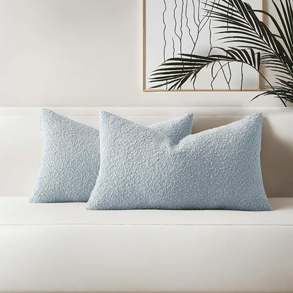 HAUSSY Set of 2 12x20 Decorative Throw Pillow Covers, Soft Cozy Textured Boucle Lumbar Pillow Cases, Home Decor for Couch Bed Living Room, Dusty Blue