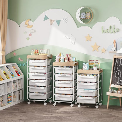 Rolling Storage Utility Cart With 4 Drawers,Kids Craft Art Cart,Makeup Organizer And Storage with Wooden Tabletop,White