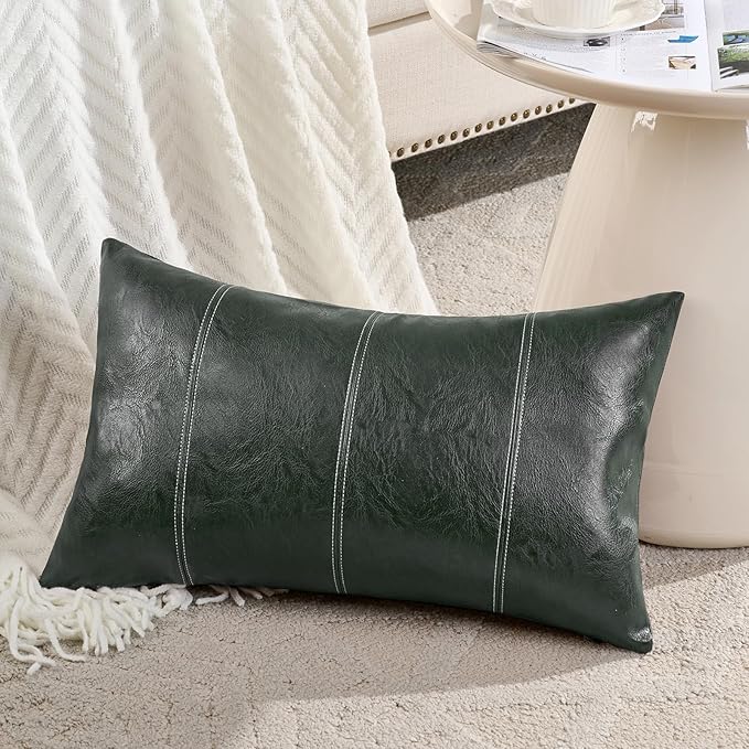 Fancy Homi 2 Packs Dark Green Long Lumbar Faux Leather Decorative Throw Pillow Covers 12x24 Inch for Couch Bed, Modern Farmhouse Boho Home Decor, Olive Green Hand Stitched Cushion Case 30x60 cm