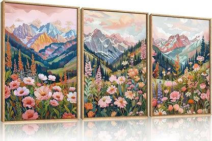 Boho Vibrant Mountain Wildflower Framed Canvas Wall Art Set,Colorful Natural Flower Forest Wall Decor,Modern Pink Floral Botanical Landscape Artwork for Living Room,Office,Farmhouse- 16"x24"x3