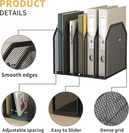 Metal 5-Section File Folder Organizer for Desk | Compact Vertical Desk File Holder | Desktop Paper Sorter for Documents, Notebooks, Books | Black Office Organizer (9.3”x8.5”x7.9”)