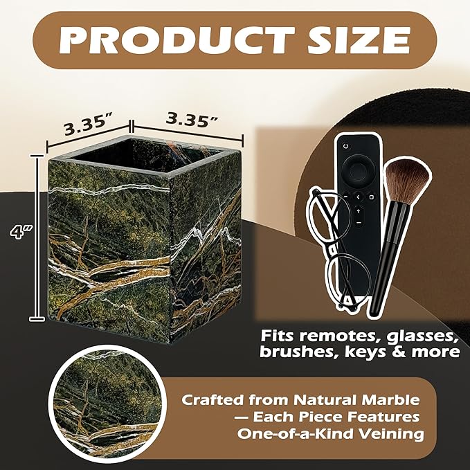 PROLEE Marble Pen Holder, Forest-Inspired Natural Stone Makeup Brush & Toothbrush Holder, Square Marble Container for Candles, Remote Controls, and Bathroom Vanity Organizer (Rainforest Green)
