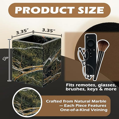 PROLEE Marble Pen Holder, Forest-Inspired Natural Stone Makeup Brush & Toothbrush Holder, Square Marble Container for Candles, Remote Controls, and Bathroom Vanity Organizer (Rainforest Green)