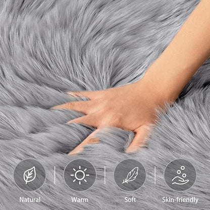 Ciicool Grey Fur Fluffy Rug, 2x4 ft Small Faux Fur Rugs for Bedroom, Washable Faux Sheepskin Carpet for Sofa Couch Seat Cushion, Thick Shaggy Furry Rugs Floor Carpets for Bedside Living Room