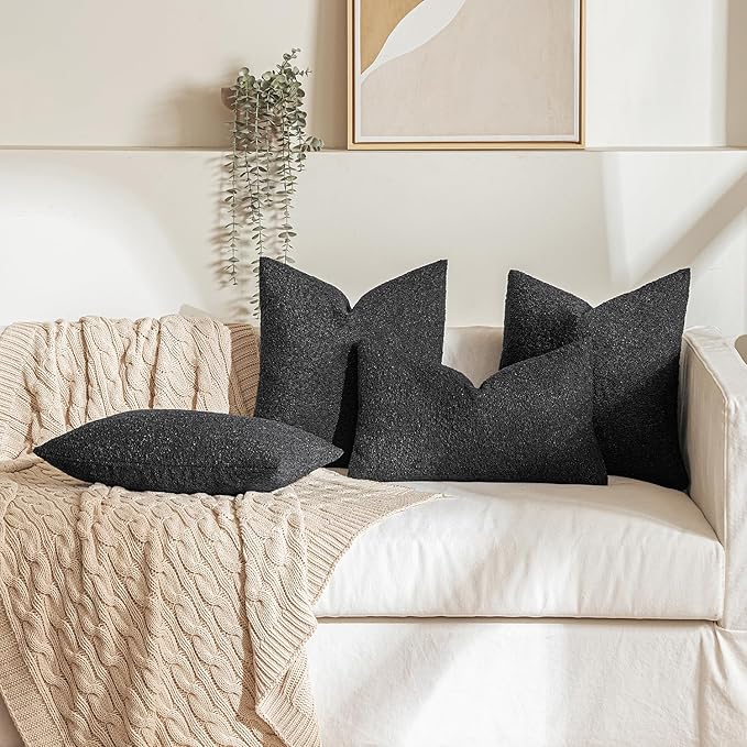 MIULEE 24x24 Decorative Euro Sham Throw Pillows for Bed Set of 2 Textured Boucle Neutral Winter Throw Pillow Covers Halloween Black Accent Solid Couch Pillowcases Sofa Livingroom Home Decor