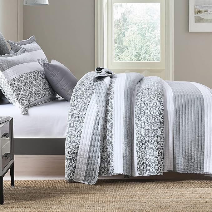 King Size Quilt Set - King Quilted Bedspread Sets, 100% Cotton Quilt, King Bed Spread Bedding Set, 3 Pieces Floral Striped Reversible Lightweight Comforter, Bluish Grey