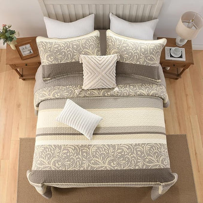 Lightweight Queen Bedspreads 120x102, 100% Cotton Oversized Quilt, Striped Botanical Pattern Coverlet, Reversible Farmhouse Quilted Bedding Set 3 Piece, Brown/Taupe/Cream