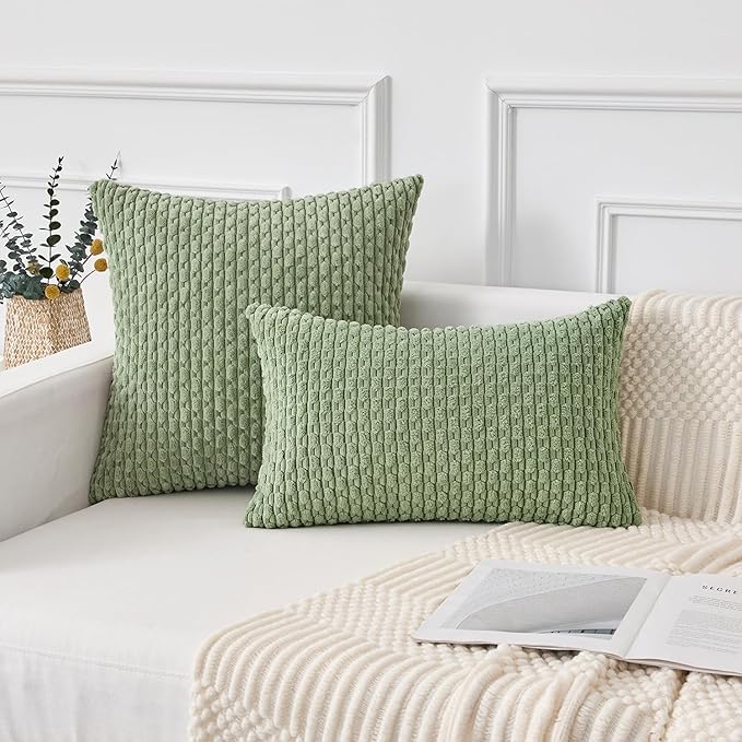 Kevin Textile 2 Packs Spring Decorative Throw Pillow Covers 18x18 Inch for Living Room Couch Bed Spring Sofa Soft Striped Corduroy Square Cushion Case 45x45 cm Farmhouse Boho Home Decor Sage Green