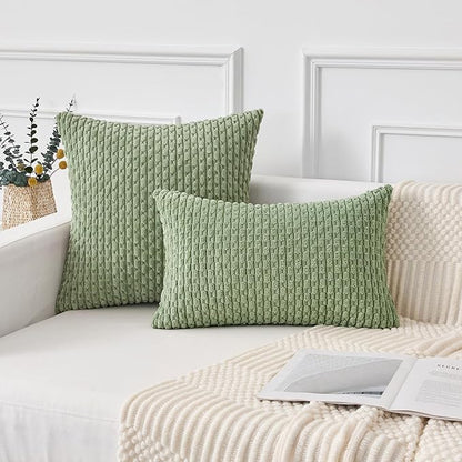 Kevin Textile Spring 14x20 Inch Pillow Cover 1 Pack Boho Decorative Soft Striped Corduroy Lumbar Farmhouse Solid Color Accent Rectangle Cushion Case for Living Room Couch Sofa Bed, Sage Green