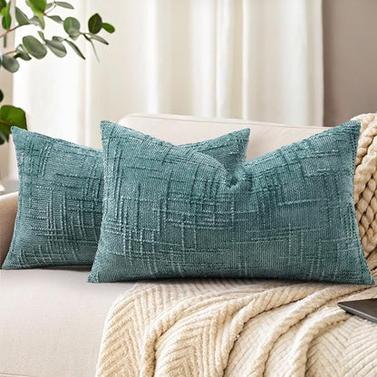 decorUhome Spring Teal Chenille Throw Pillow Covers 12x20 Set of 2 Textured Slubby Couch Pillow Covers Farmhouse Accent Modern Neutral Decorative Pillow Cases for Bed Sofa Living Room