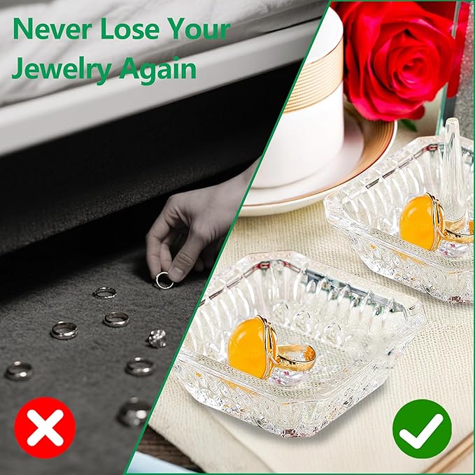 Clear Crystal Ring Holder Set of 2 Glass Jewelry Ring Dish Tray Decor for Engagement Wedding Party Gifts