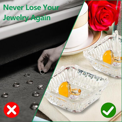 Clear Crystal Ring Holder Set of 2 Glass Jewelry Ring Dish Tray Decor for Engagement Wedding Party Gifts