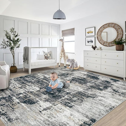 8x10 Area Rugs for Living Room, Washable Modern Abstract Large Area Rug Neutral Soft Non Slip Kids Rug Stain Resistant Indoor Carpet for Bedroom Nursery Dining Room Playroom Office(BlackGrey, 8'x10')