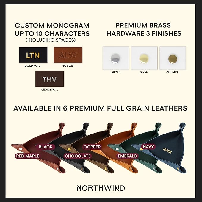 Northwind Personalized Leather Valet Tray – Custom Engraved Full Grain Leather Catchall Tray for Men, Handmade in USA Desk Organizer & Groomsmen Gift, Perfect Storage for Nightstand, Dresser