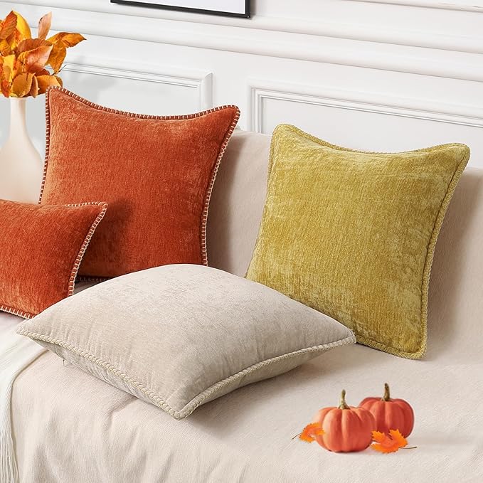decorUhome Spring Chenille Soft Throw Pillow Covers 18x18 Set of 2, Farmhouse Velvet Neutral Decorative Pillow Covers with Stitched Edge for Couch Sofa Bed Home Decor, Rust