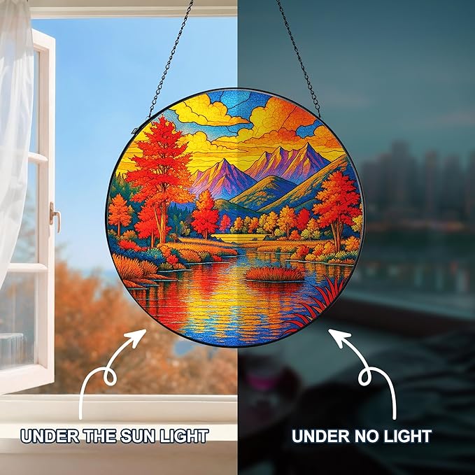 Stained Glass Window Hanging, Autumn Sun Catchers Stained Glass Panels for Indoor Windows Wall Art Decor, Birthday Gift for Mom Women Wife Men Lovers (7.87inch)