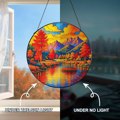 Stained Glass Window Hanging, Autumn Sun Catchers Stained Glass Panels for Indoor Windows Wall Art Decor, Birthday Gift for Mom Women Wife Men Lovers (7.87inch)
