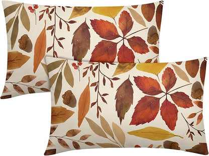 Fall Leaf Lumbar Pillow Covers 12x20 Set of 2 Brown Beige Maple Leaves Autumn Harvest Throw Pillow Cases Zipper Outdoor Decorative Cushion Cover Rustic Decoration Farmhouse Home Sofa Couch Bed Decor