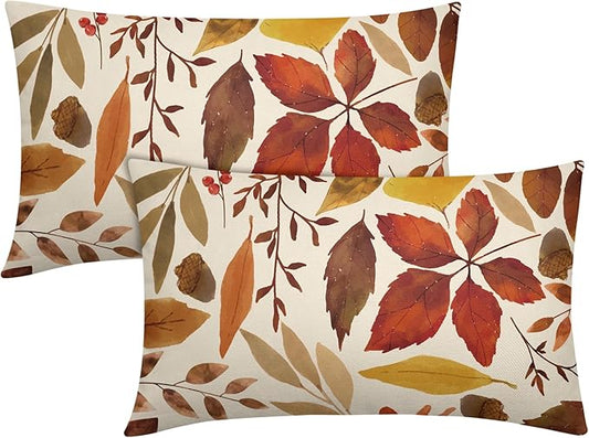 Fall Leaf Lumbar Pillow Covers 12x20 Set of 2 Brown Beige Maple Leaves Autumn Harvest Throw Pillow Cases Zipper Outdoor Decorative Cushion Cover Rustic Decoration Farmhouse Home Sofa Couch Bed Decor
