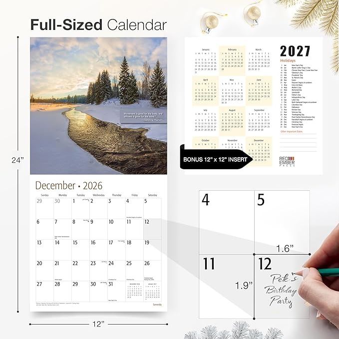RED EMBER Serenity with Inspirational Quotes 2026 Wall Calendar 12 Month | 12" x 24" Open | Thick & Sturdy Paper | Holiday Gift | Zen Nature Calendar 2026