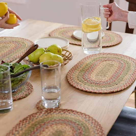 Homespice Azalea Jute Braided Placemats, Warm Country Primitive Decor, Set of 4, Multicolor 13x19 Oval Table Mats - Vibrant Colors, Durable, Easy to Clean and Protects Furniture