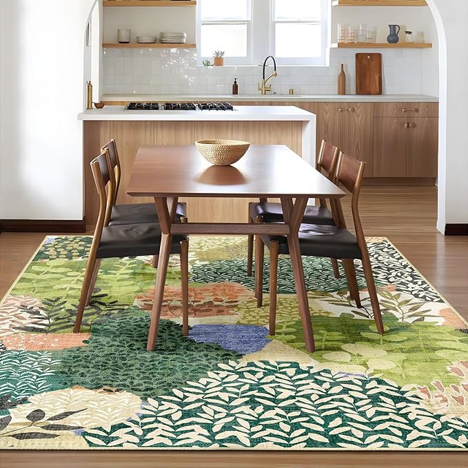 DEXDE Washable Area Rugs 5x7 Tropical Non-Slip Abstract Leaf Floral Boho Soft Rug for Living Room Bedroom Botanical Large Carpet for Entryway Kids Playroom Office,Green