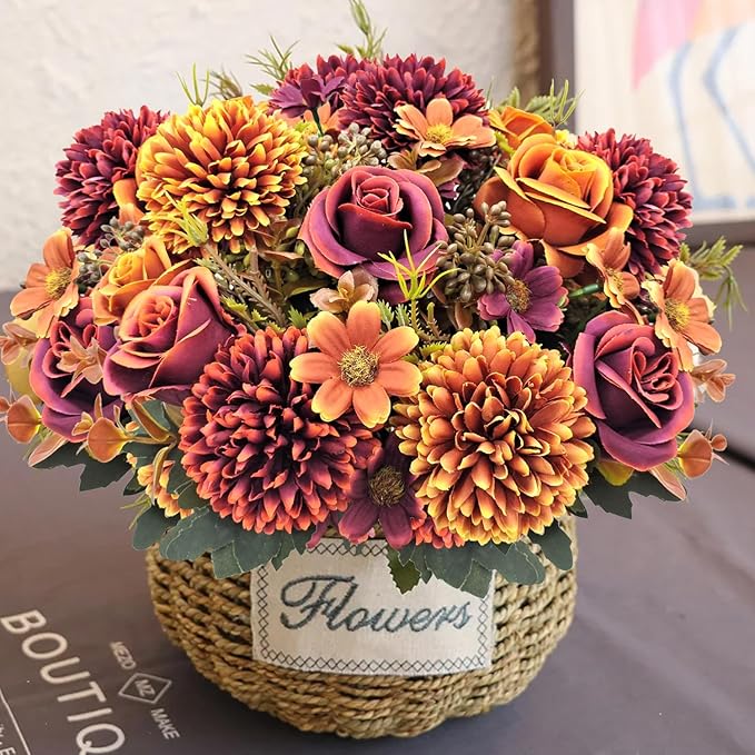 3 Pcs Fall Flowers Artificial Mums Silk Chrysanthemum Rose Daisy Bouquet Fake Mum Faux Floral Arrangements Home Indoor Outdoor Planter Decor Party Wedding Table Autumn Decoration