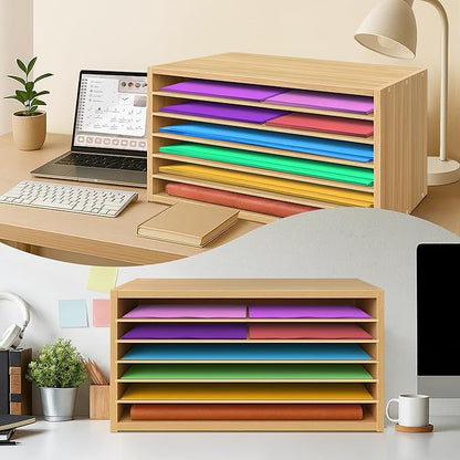PROLEE Construction Paper Organizer 20" x 13.5" x12.2",Soild Wooden Paper Organizer with 6-Tier Letter Trays, Desktop File Papers Sorter for Home, Classroom and Office (Oak)