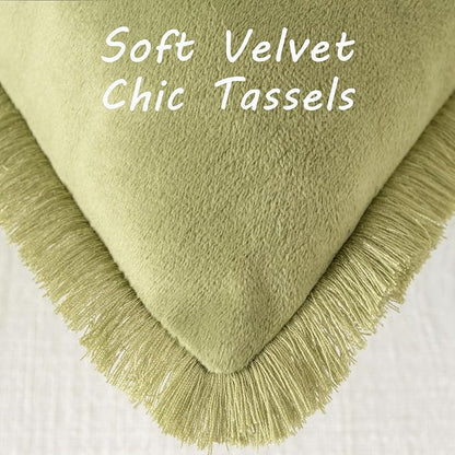 FUTEI Sage Green Velvet Decorative Throw Pillow Covers 26x26 Set of 2,Soft Cozy Edge with Tassels Euro Pillow Shams,Boho Modern Home Decor for Couch Bed Living Room