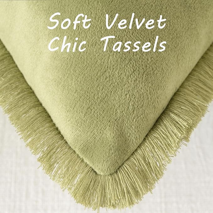 FUTEI Sage Green Velvet Decorative Throw Pillow Covers 24x24 Set of 2,Soft Cozy Edge with Tassels European Cushion Case,Boho Modern Home Decor for Couch Bed Living Room