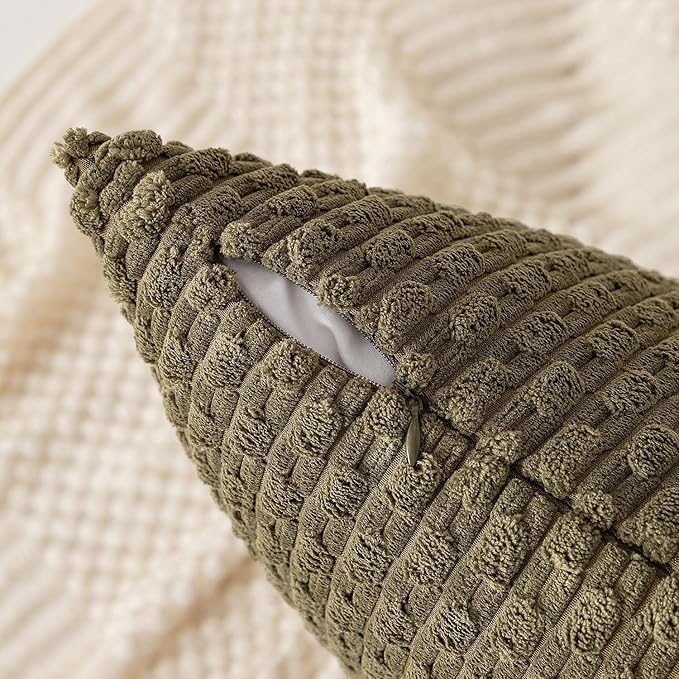 Kevin Textile 14x36 Inch Long Lumbar 1 Pack Boho Decorative Throw Pillow Cover Soft Striped Corduroy Rectangle Cushion Case Farmhouse Solid Color Accent for Living Room Couch Sofa Bed, Olive Green
