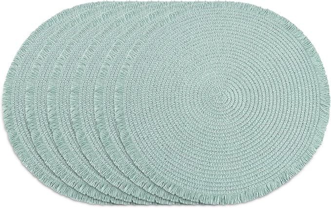 15 Inch Set of 6 Round Woven Placemats Braided Paper Heat Resistant Table Mats with Fringe Tassel Boho Indoor Outdoor Table Placemats for Dining Tables (Turquoise)