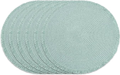 15 Inch Set of 6 Round Woven Placemats Braided Paper Heat Resistant Table Mats with Fringe Tassel Boho Indoor Outdoor Table Placemats for Dining Tables (Turquoise)