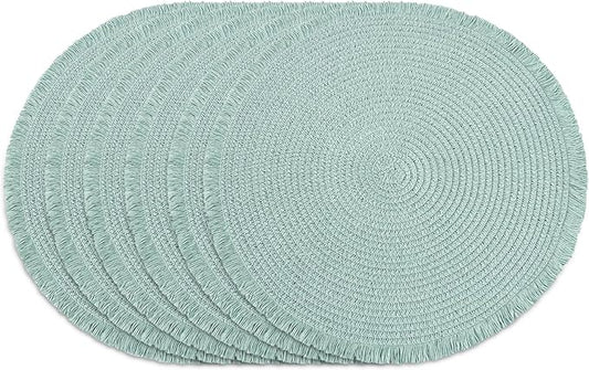 15 Inch Set of 6 Round Woven Placemats Braided Paper Heat Resistant Table Mats with Fringe Tassel Boho Indoor Outdoor Table Placemats for Dining Tables (Turquoise)