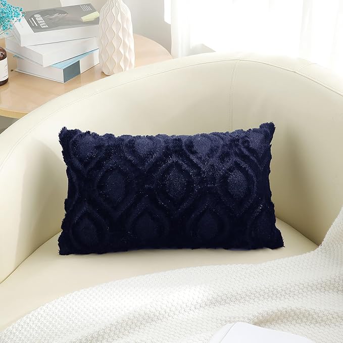 decorUhome Spring Throw Pillow Covers 12x20 Inch Set of 2, Soft Plush Faux Wool Navy Blue Solid Couch Pillow Covers, Accent Farmhouse Neutral Square Pillow Cases for Sofa Bed Living Room