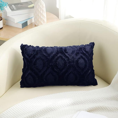 decorUhome Spring Throw Pillow Covers 12x20 Inch Set of 2, Soft Plush Faux Wool Navy Blue Solid Couch Pillow Covers, Accent Farmhouse Neutral Square Pillow Cases for Sofa Bed Living Room