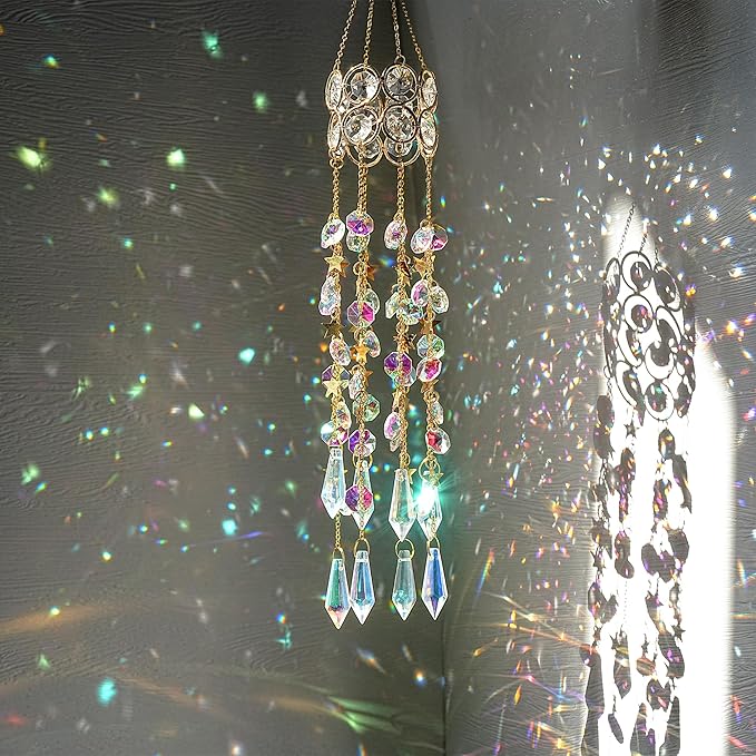 H&D HYALINE & DORA 15.5 Inch Crystal Suncatcher Hanging Window Sun Catcher with Colorful Beads Chain Gold-Plated Rainbow Maker for Indoor Outdoor Garden Christmas Decoration