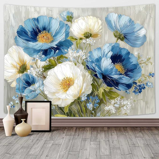 DYNH Blue White Floral Tapestry,Natural Aesthetics Elegant Tapestrie,Modern Flower Painting Wall Hanging,Watercolor Aesthetic Art Decor for Bedroom Living Room Dorm,90X70In