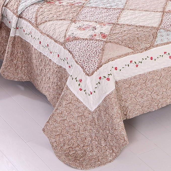 VIVILINEN Queen Size Quilt Set 3-Piece Light Pink Floral Patchwork Reversible Quilted Bedspread Coverlet Set Lightweight Comforter Bedding Set Bed Sheet Set Cover Blanket with 2 Pillow Shams