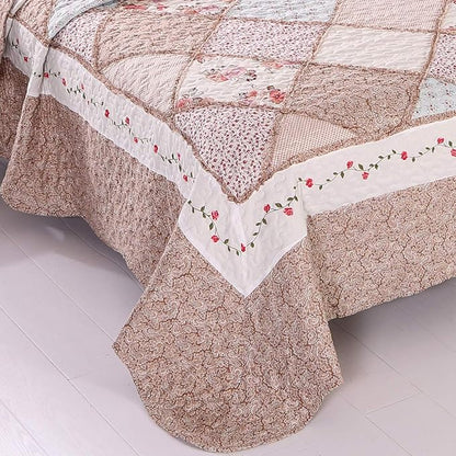 VIVILINEN Queen Size Quilt Set 3-Piece Light Pink Floral Patchwork Reversible Quilted Bedspread Coverlet Set Lightweight Comforter Bedding Set Bed Sheet Set Cover Blanket with 2 Pillow Shams