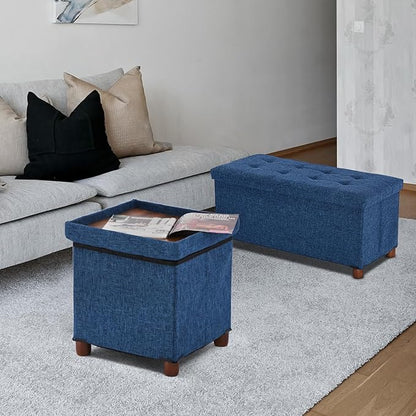 15 Inch Storage Ottoman with Wooden Legs - Cube Foot Rest Stool, Square Footstool, Comfortable Seat with Lid, Foldable Fabric Ottoman, Space-Saving Navy