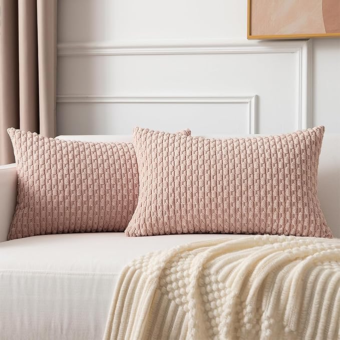 Kevin Textile Pack of 2 Corduroy Decorative Throw Pillow Covers 12x20 Inch Valentine' s Day Soft Boho Striped Pillow Covers Modern Home Decor Gifts for Spring Sofa Living Room Couch Bed Light Pink