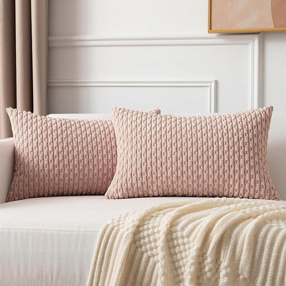 Kevin Textile Pack of 2 Corduroy Decorative Throw Pillow Covers 12x20 Inch Valentine' s Day Soft Boho Striped Pillow Covers Modern Home Decor Gifts for Spring Sofa Living Room Couch Bed Light Pink