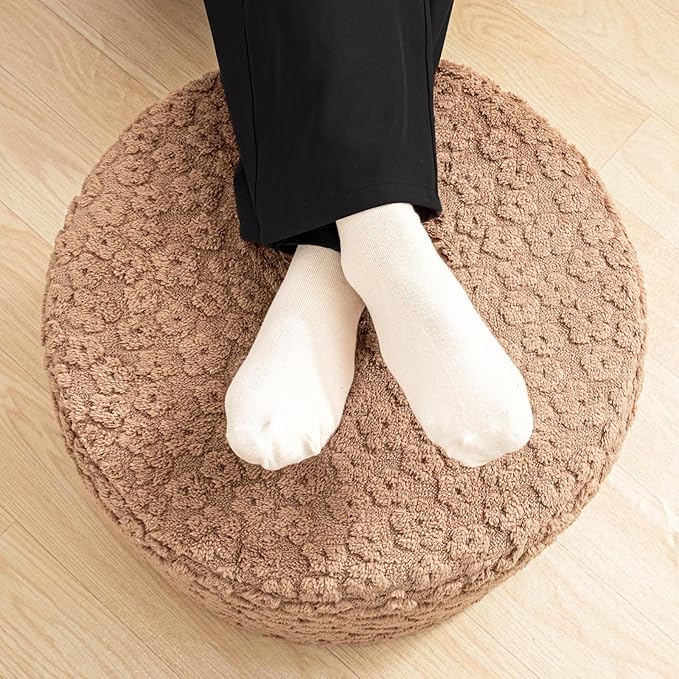 Round Plush Stuffed Ottoman Pouf - Ultra-Soft Furry Ottoman Foot Rest with High-Density Foam Filling, 20" x 14" Multi-Functional Floor Pouf for Living Room