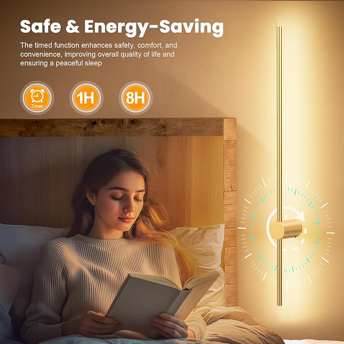 NIORSUN 35.4 Inch Battery Operated Wall Sconce Set of 2,Gold Minimalist Rechargeable LED Wall Lights with Remote, 10 Colors Dimmable Wireless Wall Sconce for Living Room Bedroom Hallway