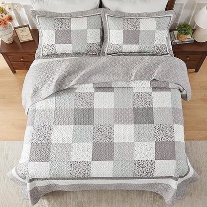SahSahCasa 100% Cotton 102"x120" Oversized Queen Quilt Bedspread - Quilted Extra Large Comforter Lightweight Bedding Set, XL Plaid Patchwork Wide Bed Spread Coverlet, 3pcs, Taupe Gray